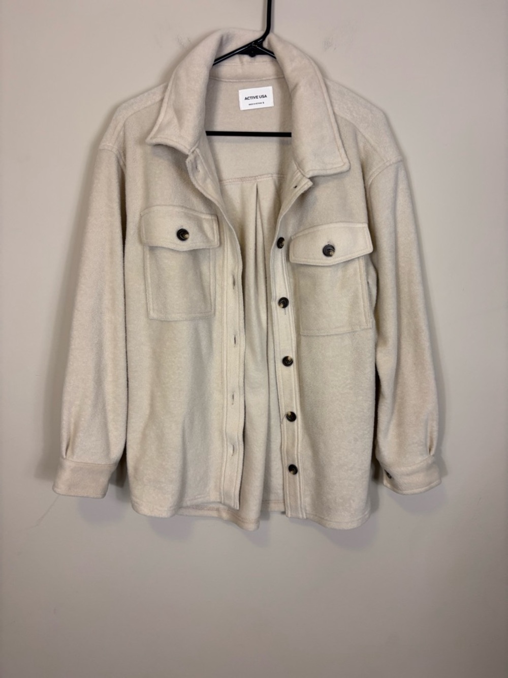 Active USA Neutral Cream Button-Front Fleece Oversized Fit Jacket Small